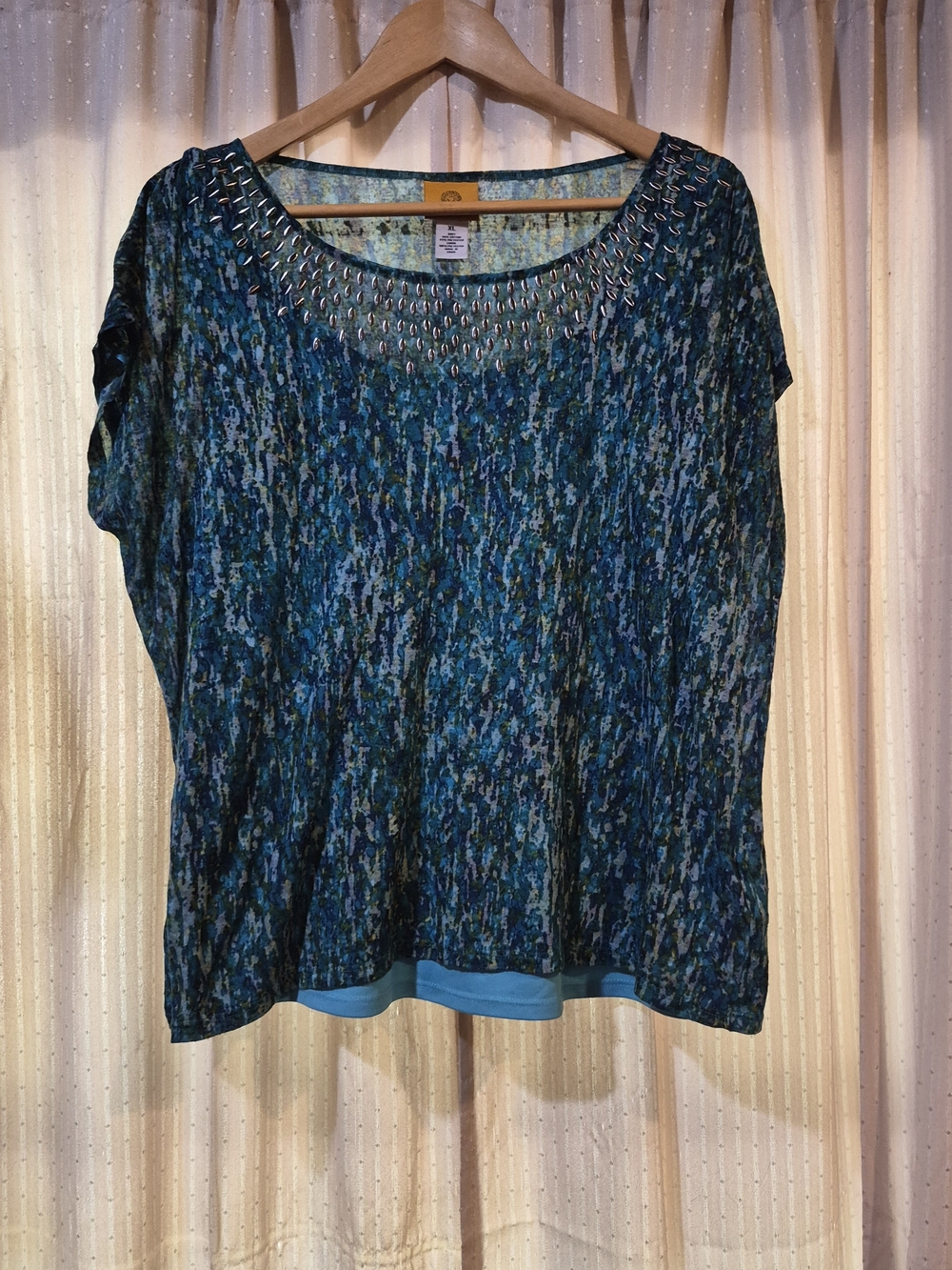 Ruby Rd Blue Green Abstract Beaded Neckline Dolman Sleeve Top XL